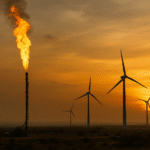 Gas flare and wind turbines at sunset in Africa, symbolising the tension between fossil fuel expansion and renewable transition.