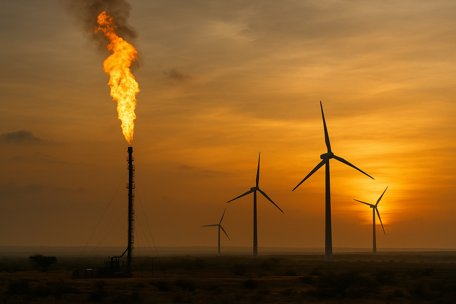 Gas flare and wind turbines at sunset in Africa, symbolising the tension between fossil fuel expansion and renewable transition.