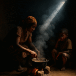 Mother cooking over a smoky firewood stove in a dim rural kitchen, with a child covering his nose beside her as sunlight streams through a crack in the wall.