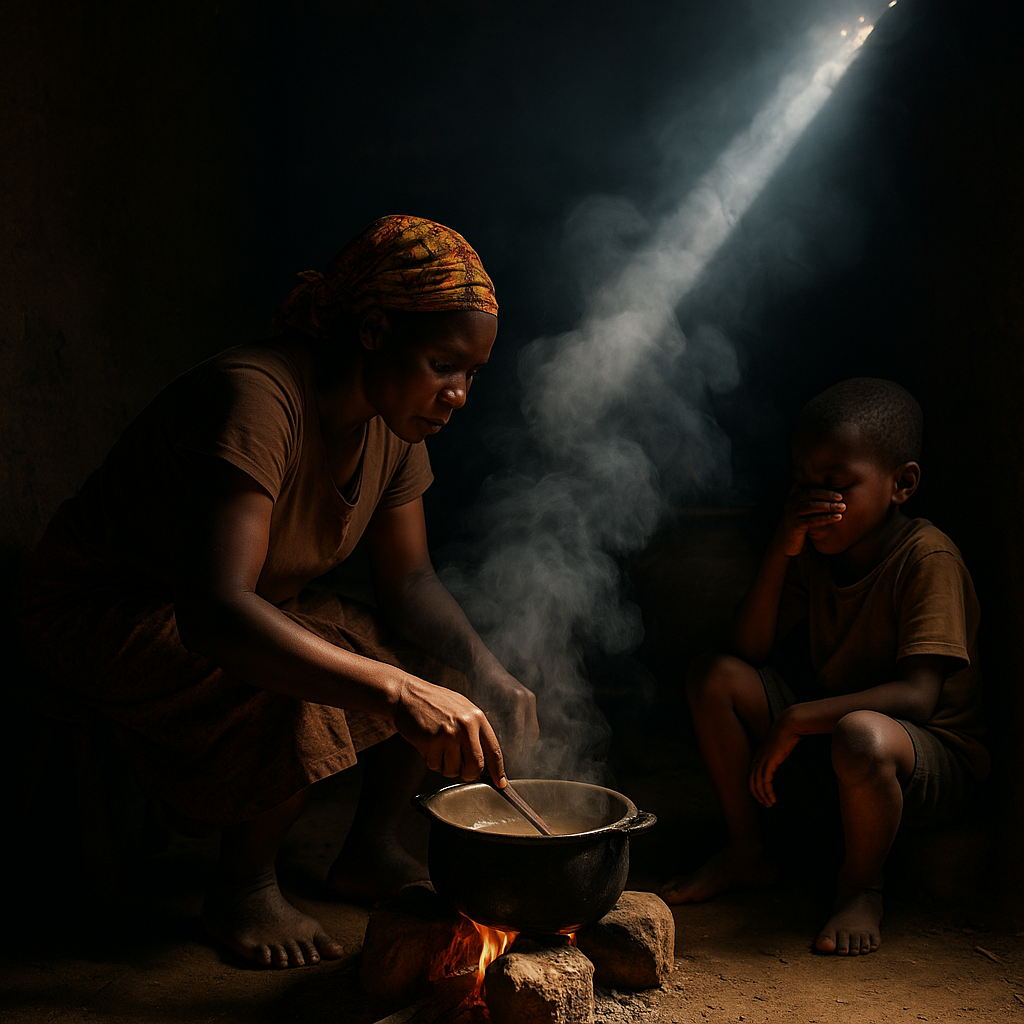 Mother cooking over a smoky firewood stove in a dim rural kitchen, with a child covering his nose beside her as sunlight streams through a crack in the wall.