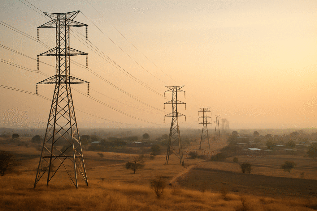 Aerial wide shot of transmission pylons crossing a dry African landscape at dawn, with a small village visible in the distance and warm golden light across the savannah.
