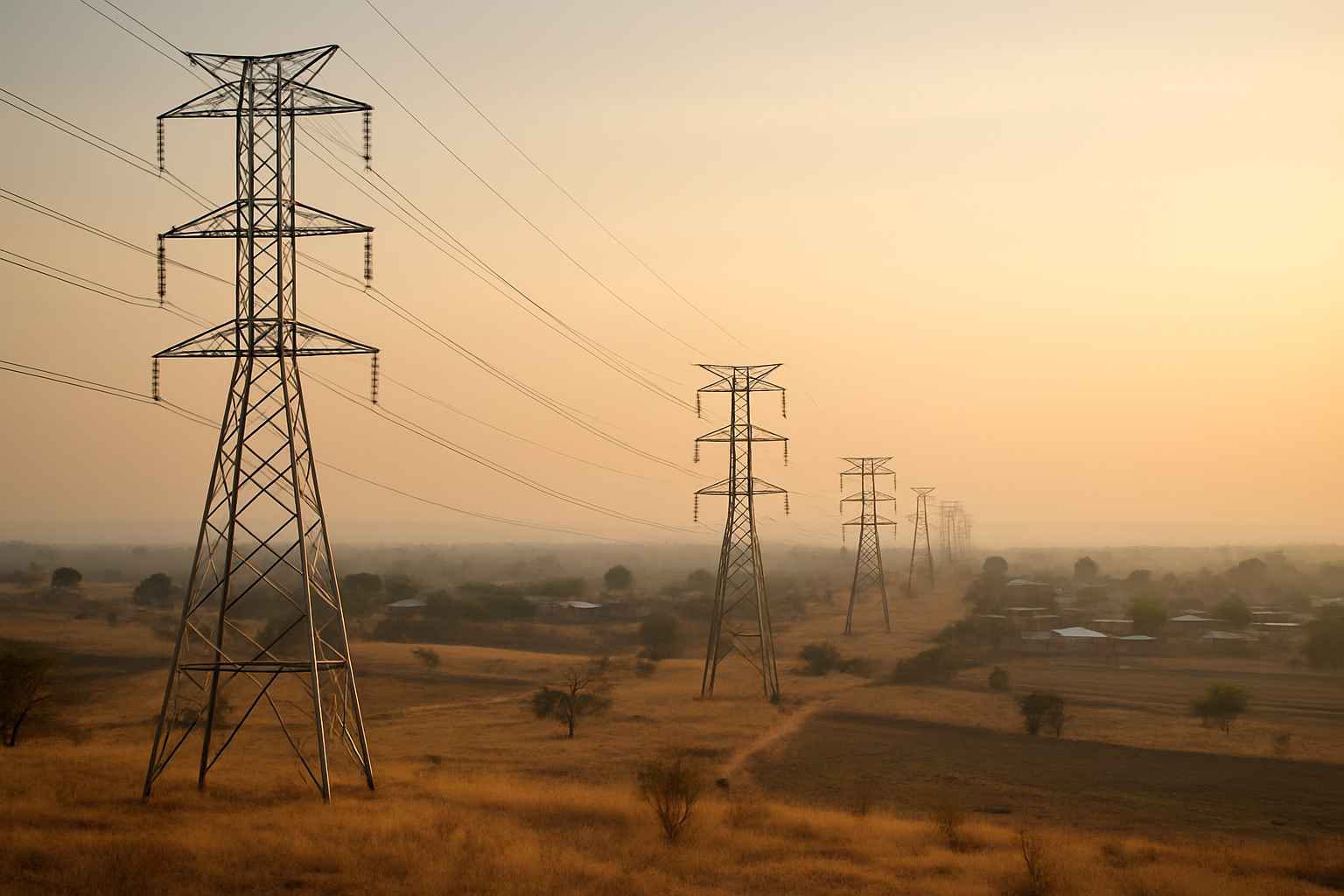 Aerial wide shot of transmission pylons crossing a dry African landscape at dawn, with a small village visible in the distance and warm golden light across the savannah.