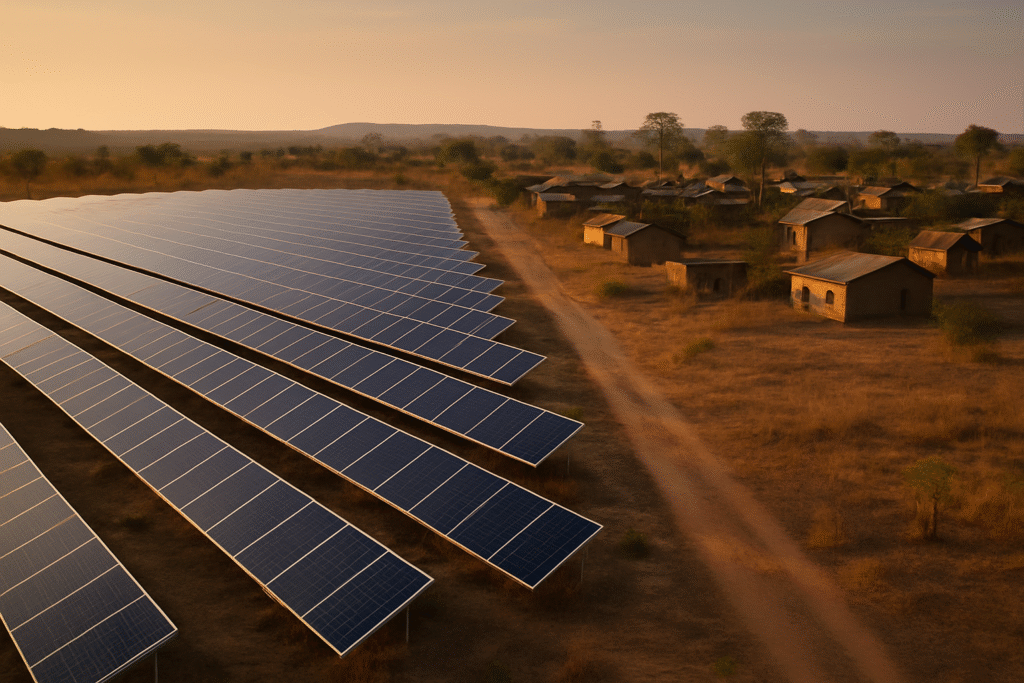A wide aerial view of a large solar farm next to a rural African village with mostly unlit homes at sunset, illustrating the gap between renewable expansion and household electricity access.