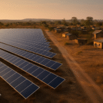 A wide aerial view of a large solar farm next to a rural African village with mostly unlit homes at sunset, illustrating the gap between renewable expansion and household electricity access.