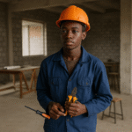 A young African trainee technician wearing a hard hat and holding tools inside an unfinished workshop, symbolizing Africa’s broken skills pipeline and lack of training infrastructure.