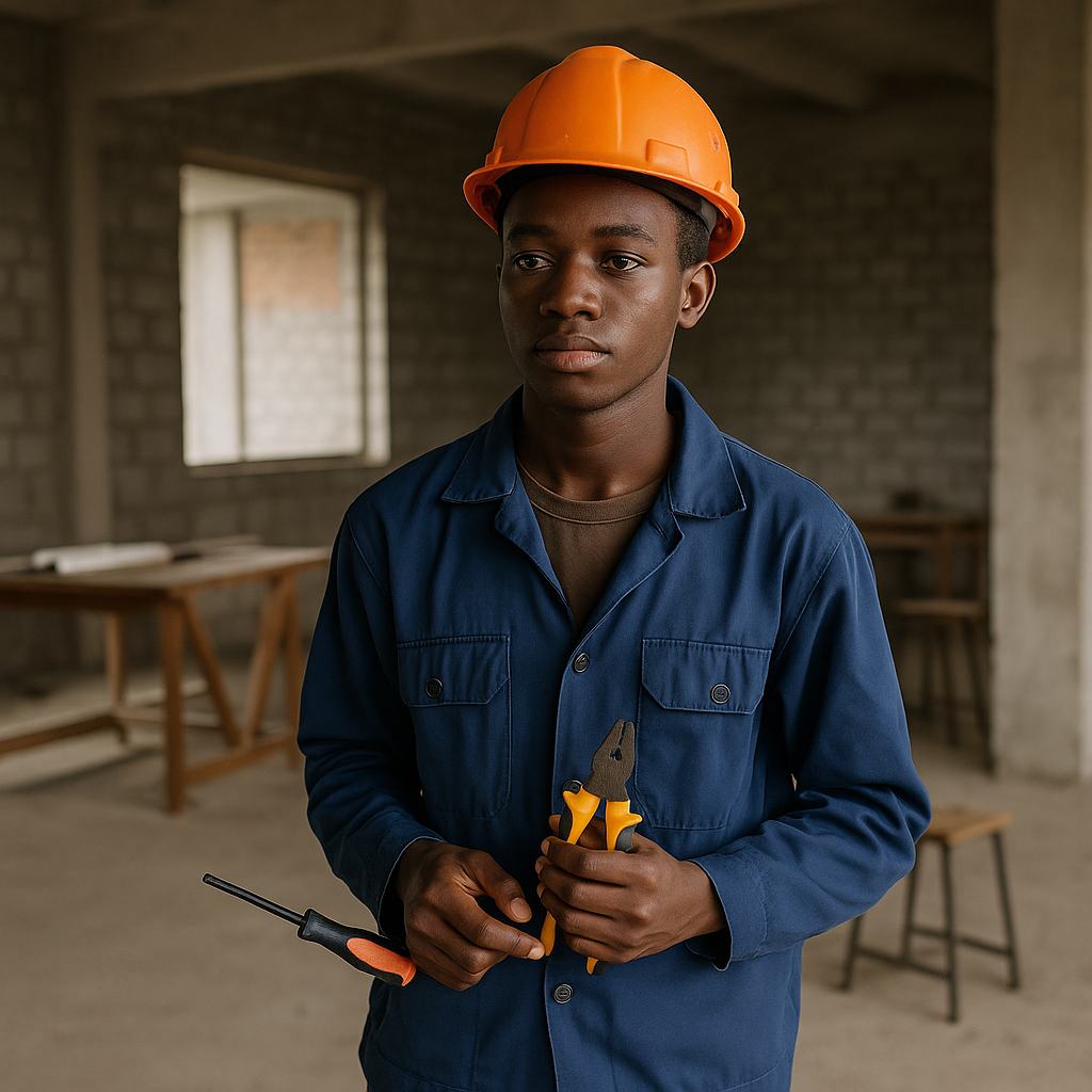 A young African trainee technician wearing a hard hat and holding tools inside an unfinished workshop, symbolizing Africa’s broken skills pipeline and lack of training infrastructure.