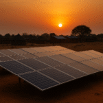 A solar-panel array in a rural African village during sunset, with nearby homes still unconnected to electricity, illustrating Africa’s solar boom and persistent access gap.