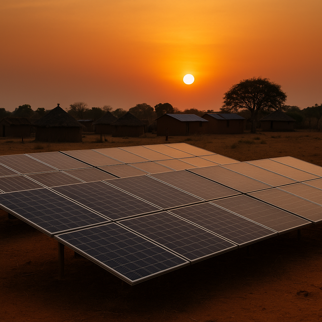 A solar-panel array in a rural African village during sunset, with nearby homes still unconnected to electricity, illustrating Africa’s solar boom and persistent access gap.