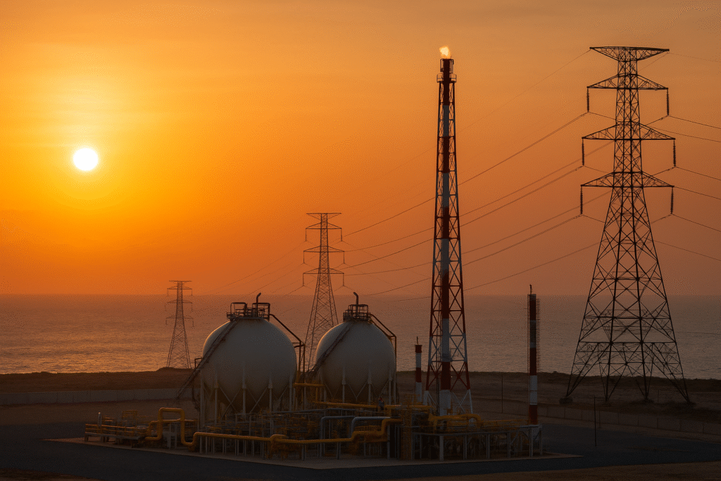 African natural gas facility with pipelines under sunset, reflecting the tension between Africa’s gas ambitions and global green energy commitments.