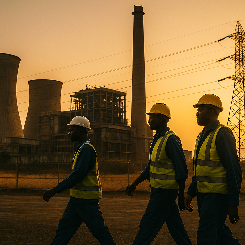 A group of African industrial workers in safety helmets and reflective vests walk past a decommissioning power plant at sunset, symbolising the uncertain future facing Africa’s labour force as global climate policies drive a shift away from fossil fuels.