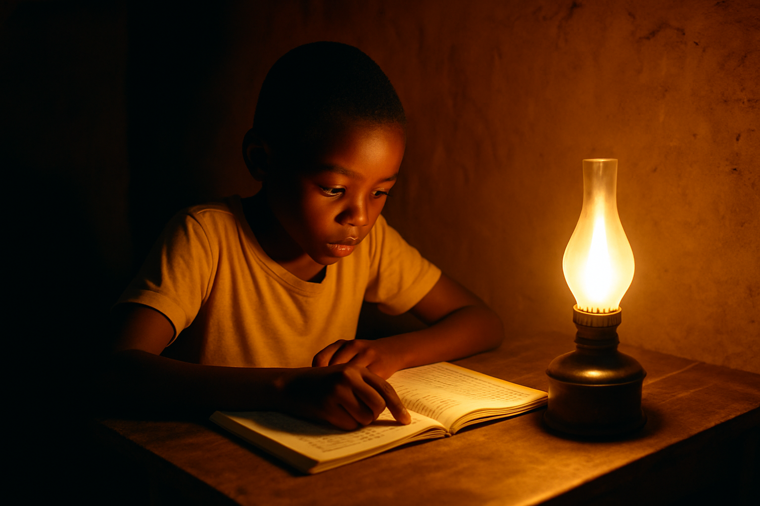A young African boy studying at a wooden table under a bright lamp in a rural clay-walled home, symbolising hope despite energy poverty.