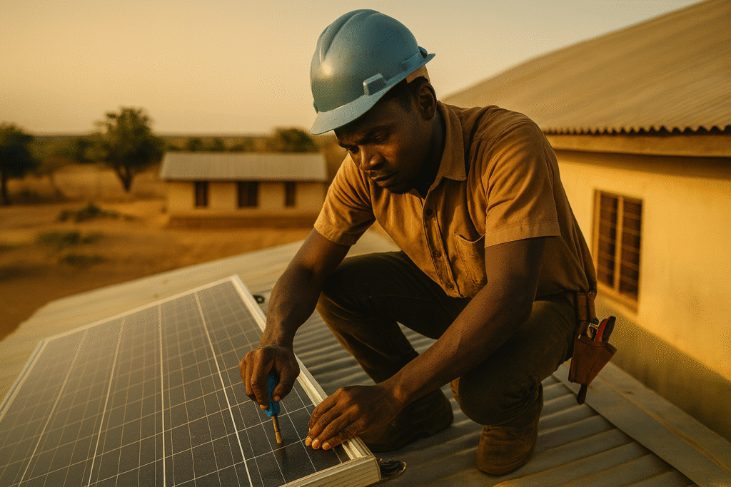 A young African male solar technician wearing a blue hard hat kneels on a rural school rooftop, using a screwdriver to secure a solar panel in warm afternoon light.