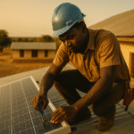A young African male solar technician wearing a blue hard hat kneels on a rural school rooftop, using a screwdriver to secure a solar panel in warm afternoon light.