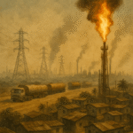 Gas flare near urban settlement with electricity pylons in the distance.