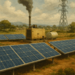 Solar panels beside a diesel generator emitting smoke in a rural African landscape.
