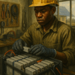 African engineer wearing safety gear assembling battery components in a renewable energy training workshop.