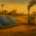 Realistic image of solar panels, power lines, and a diesel generator emitting light smoke at sunset in an African landscape.