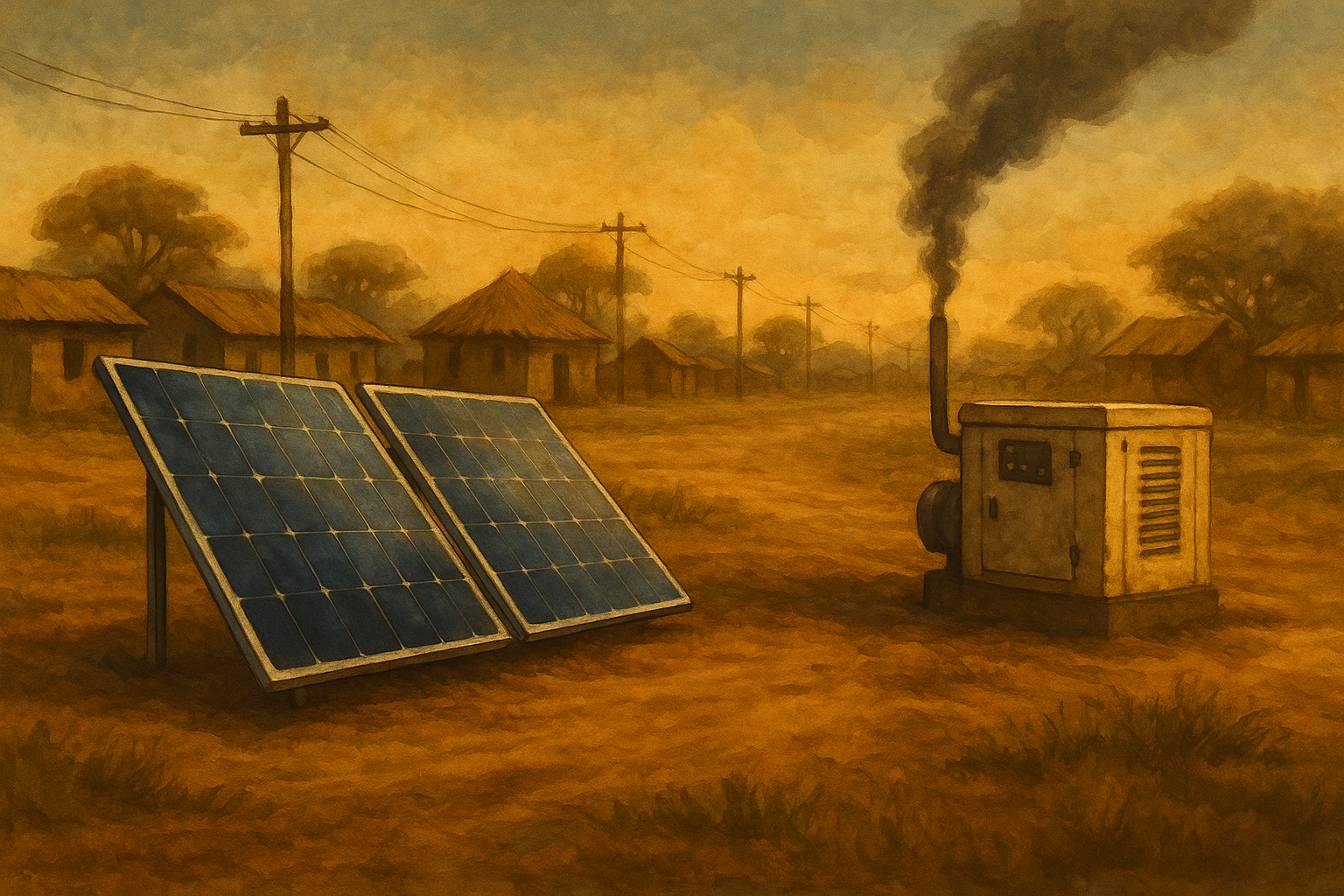 Realistic image of solar panels, power lines, and a diesel generator emitting light smoke at sunset in an African landscape.