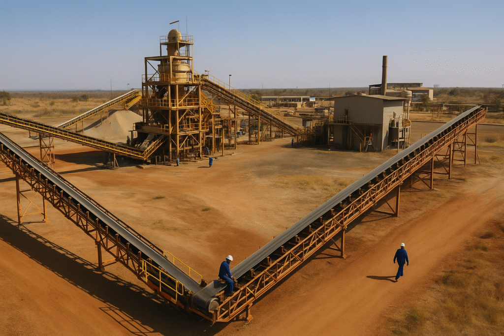 A high-angle aerial photograph of a mineral processing plant in Africa, showing conveyor belts, industrial structures and workers in blue protective gear walking across the site.