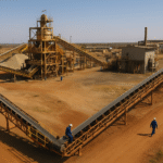 A high-angle aerial photograph of a mineral processing plant in Africa, showing conveyor belts, industrial structures and workers in blue protective gear walking across the site.