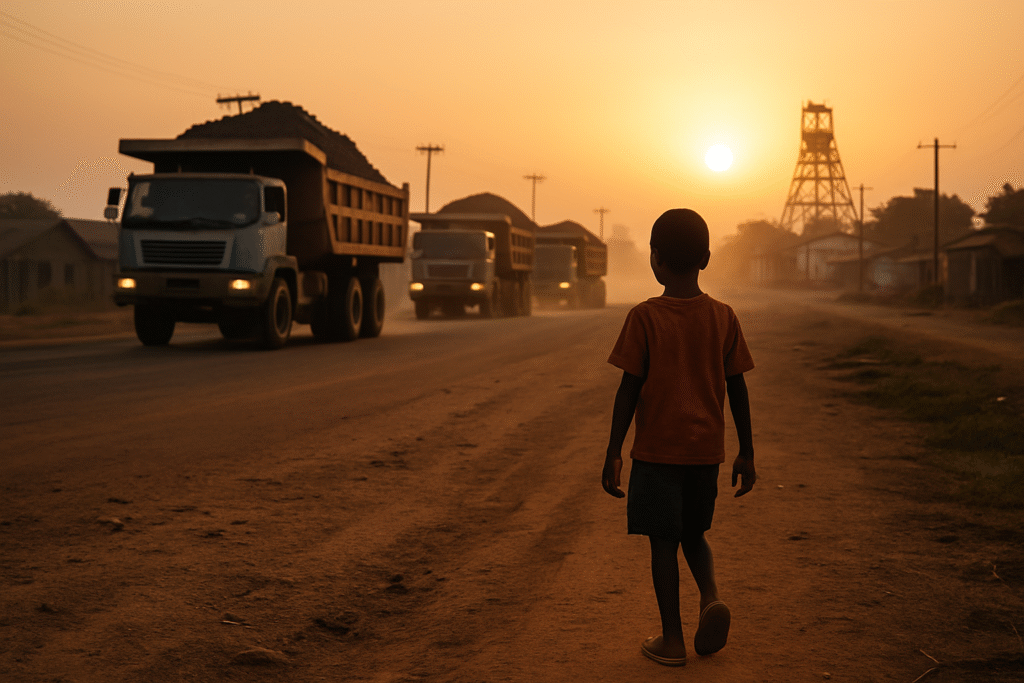 A row of mining trucks drive past a rural African settlement at dusk, with dust rising in the air and silhouettes of residents nearby, symbolising extraction leaving communities behind.