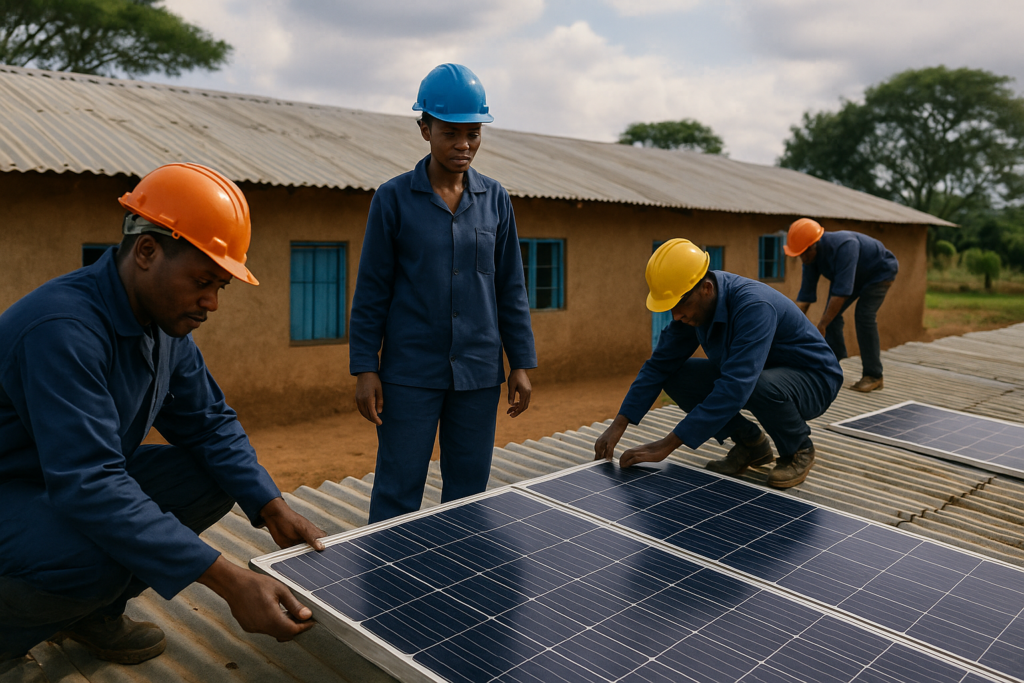 African workers installing solar panels on school roof representing MDB clean energy investment in Africa.