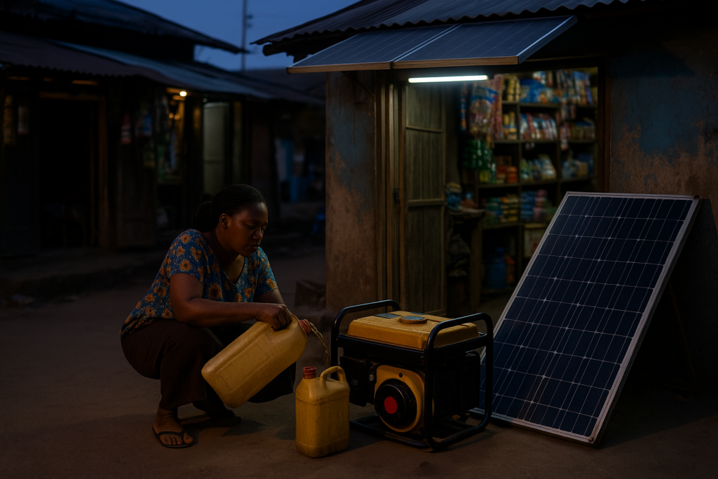 African shopkeeper refilling petrol generator during power outage in Lagos.