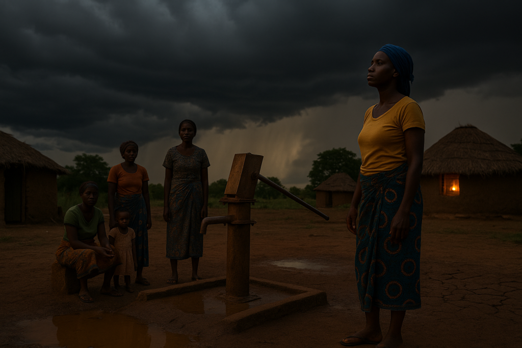 African women waiting near broken borehole during rain season, symbolising delayed climate finance.