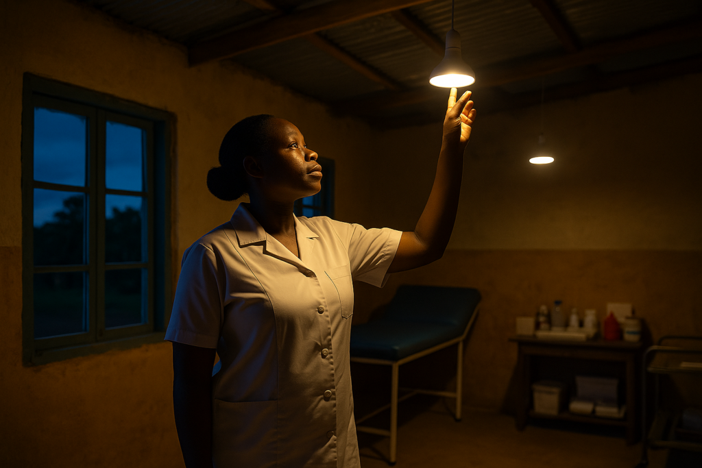 African midwife switching on solar lights in rural clinic symbolising local impact of climate finance.