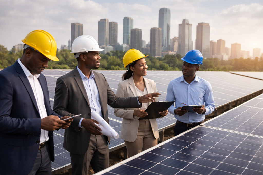African pension and infrastructure professionals inspecting a solar power plant near a city skyline, symbolising domestic capital financing clean energy in Africa.