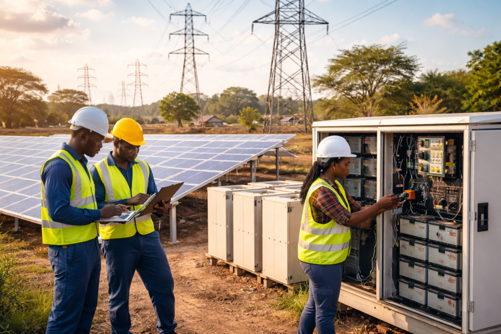 African engineers working on hybrid grid and solar energy infrastructure.