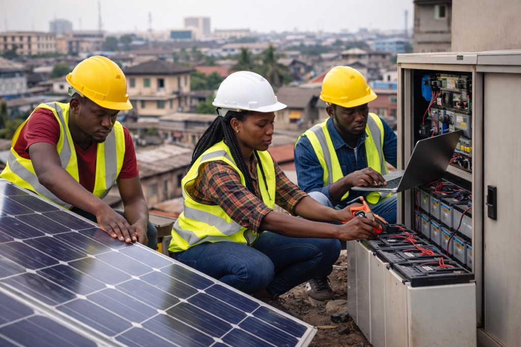Young African engineers installing solar panels representing youth-led energy innovation.