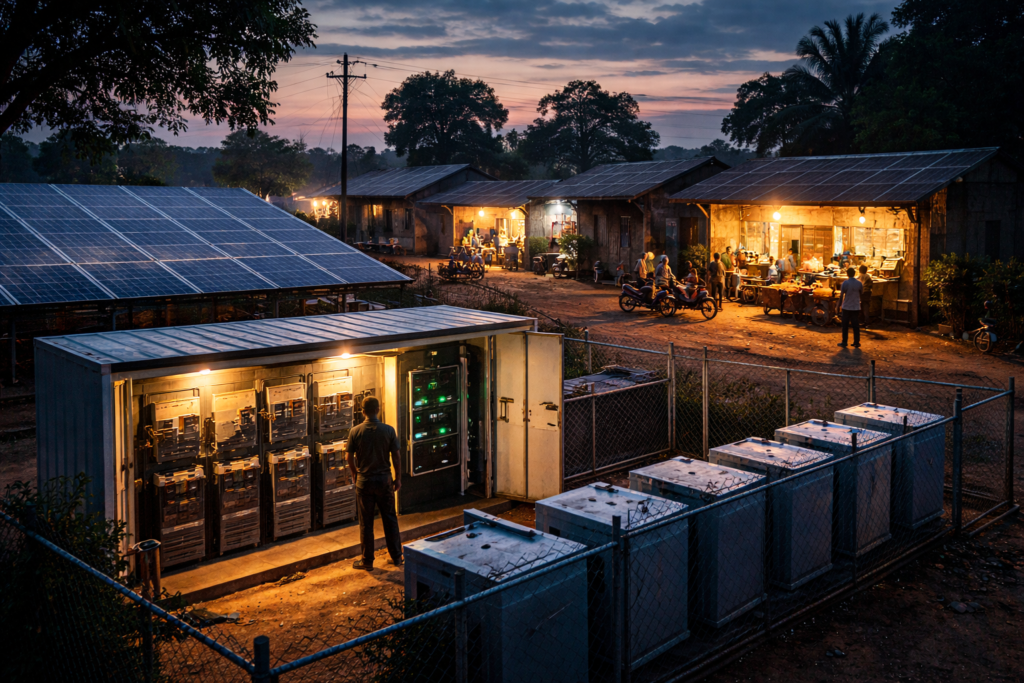 Solar mini-grid powering homes and businesses in an African community.