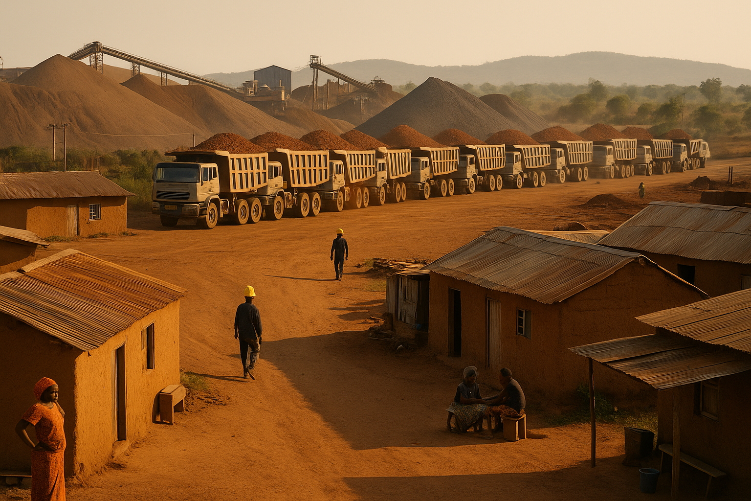 Large mining trucks lined up at a critical minerals site with a nearby African settlement or workers visible, highlighting the contrast between mineral wealth and local realities.