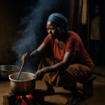 An African woman cooking over a smoky three-stone fire inside a dimly lit rural home, with a young child watching from the doorway.