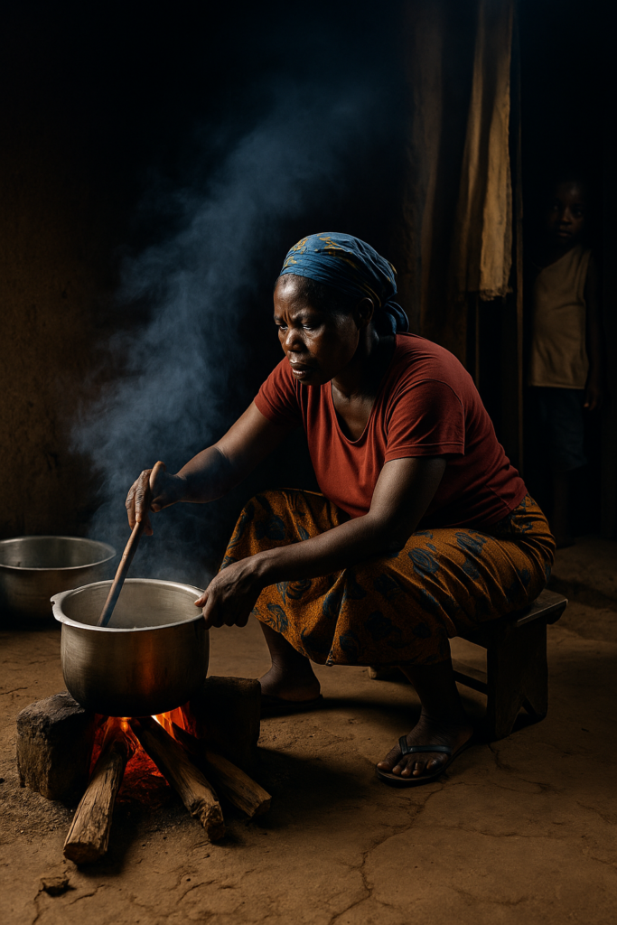 An African woman cooking over a smoky three-stone fire inside a dimly lit rural home, with a young child watching from the doorway.