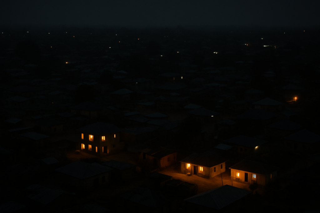 An aerial night-time photograph of an African town where only a few homes emit light, surrounded by widespread darkness, illustrating unreliable electricity access.