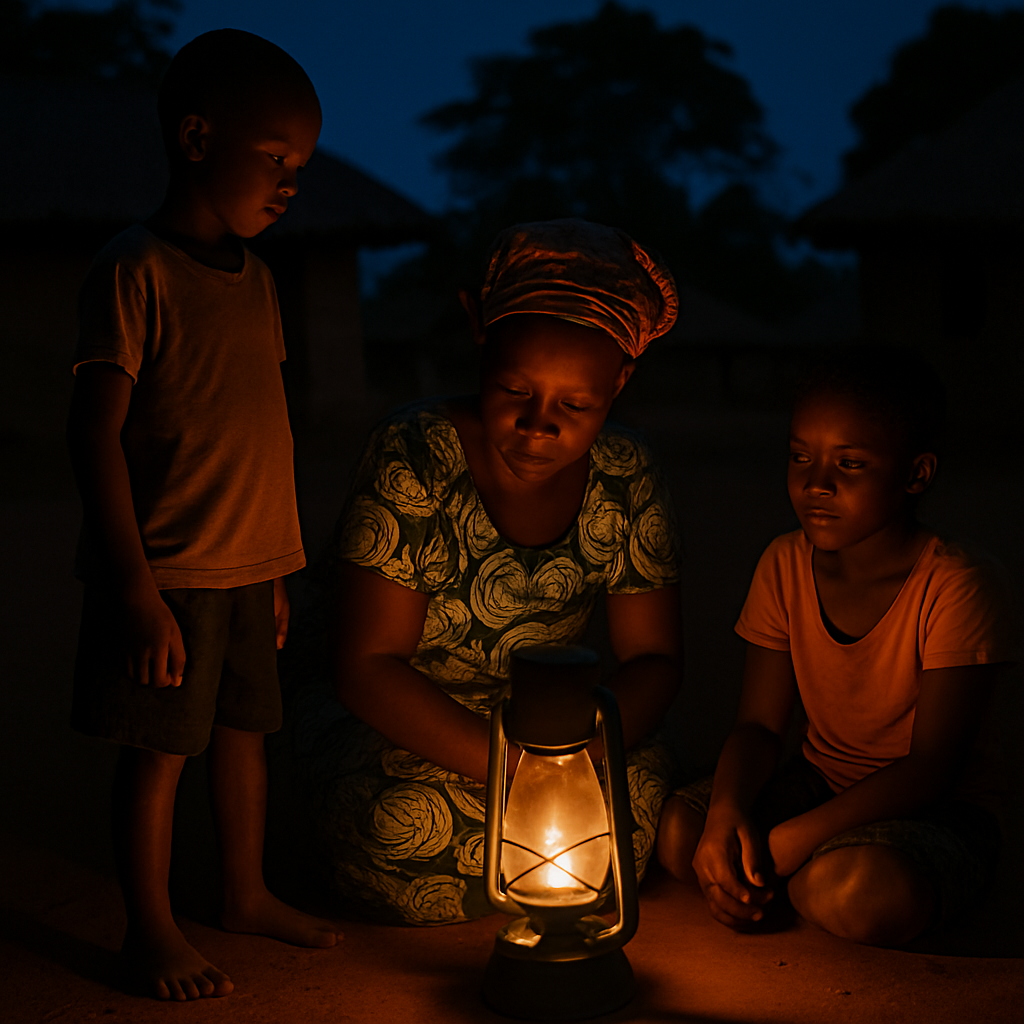 Three African community members sit together outdoors at dusk, illuminated by the warm glow of a single lantern while the surrounding landscape remains dark, symbolising life without electricity.