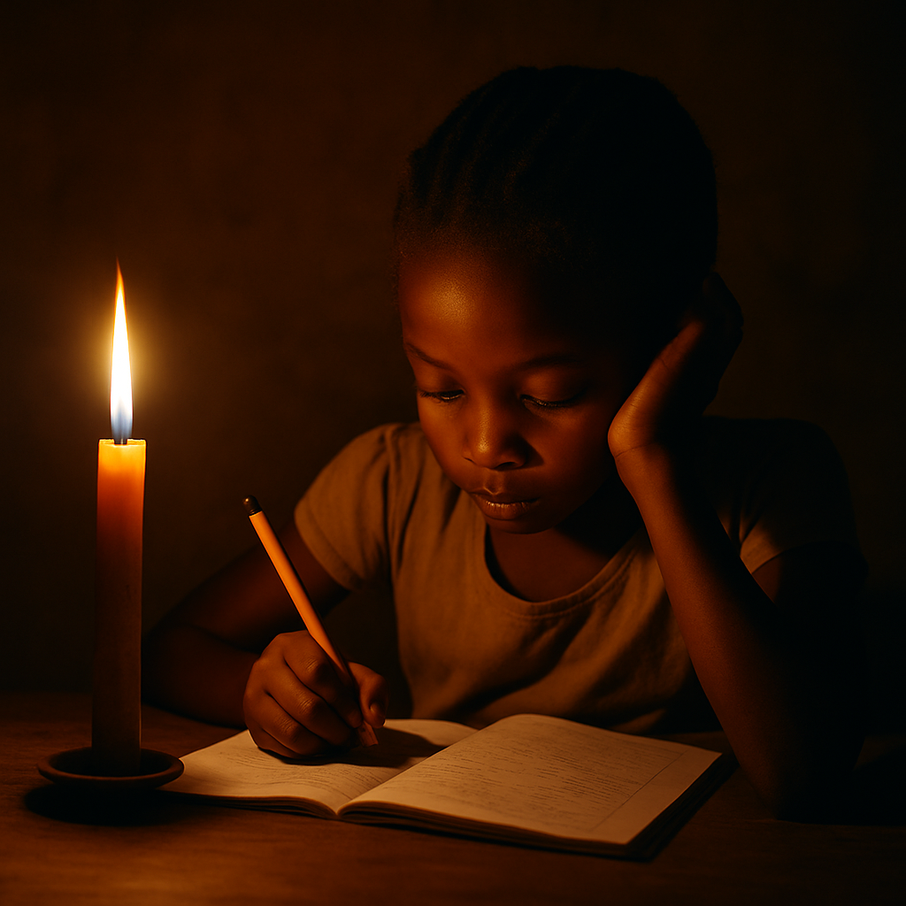 A young African girl reads a schoolbook by the warm glow of a candle inside a dark, modest room, symbolising the impact of energy poverty on education.