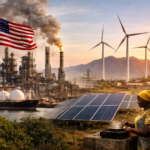 US. energy infrastructure alongside African renewable power installations, illustrating America’s climate withdrawal and its impact on Africa’s energy transition.