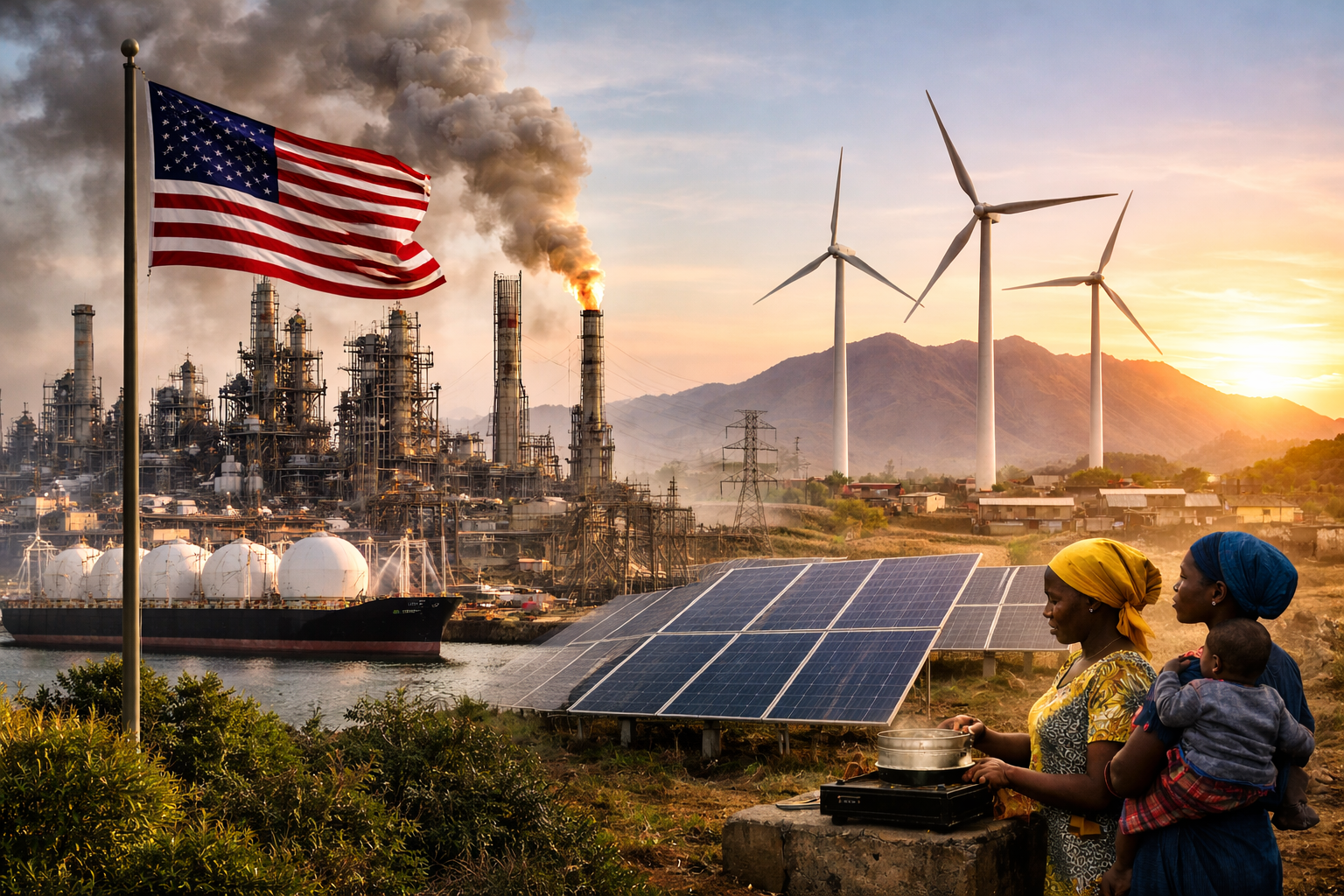 US. energy infrastructure alongside African renewable power installations, illustrating America’s climate withdrawal and its impact on Africa’s energy transition.
