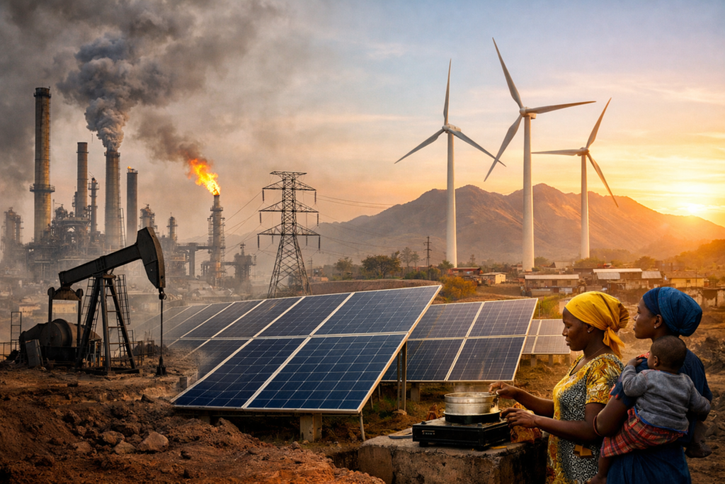 African energy infrastructure showing fossil fuels and renewable power together.