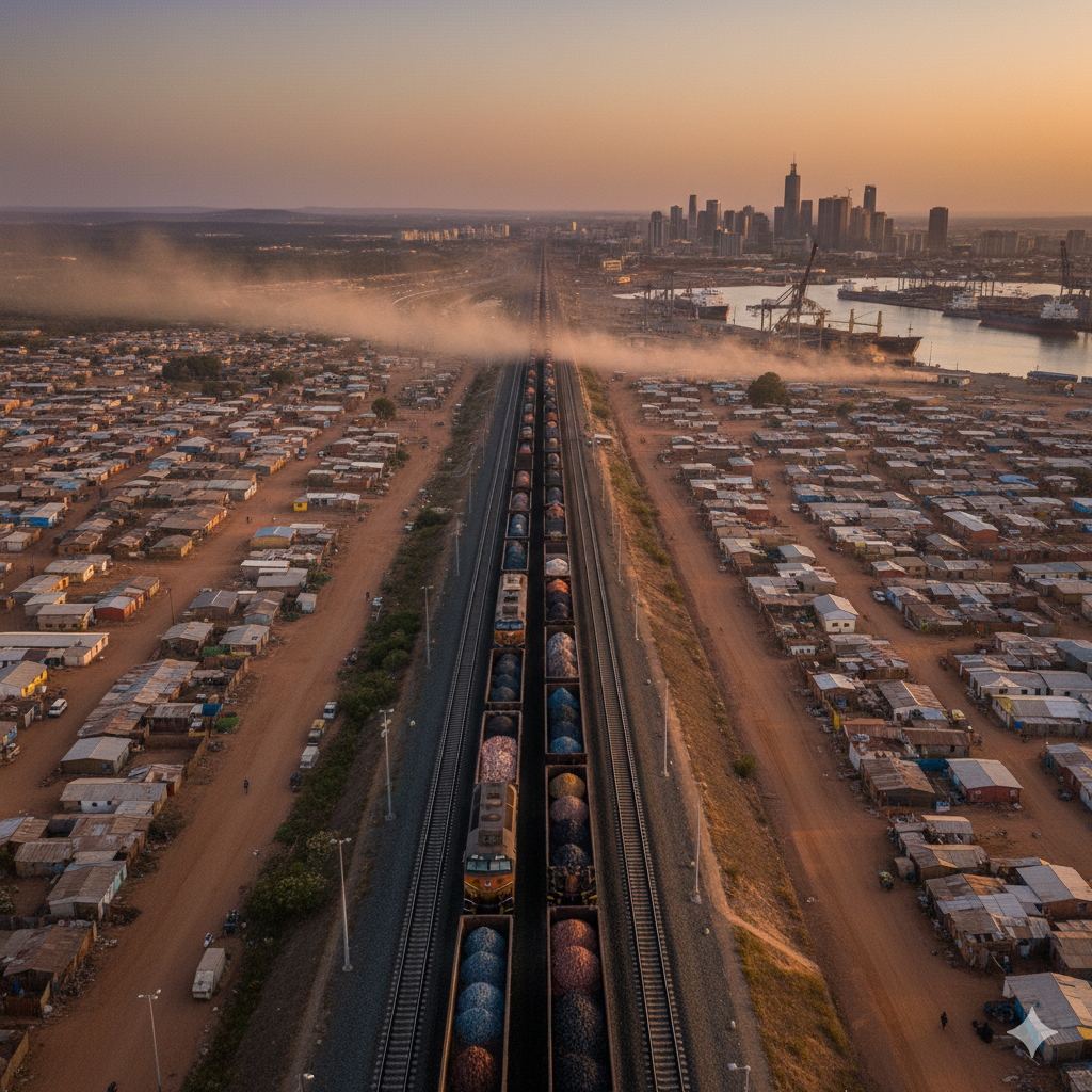 An aerial documentary shot of a mineral freight train traveling through a dusty African settlement toward a distant industrial seaport with large ships at sunset.