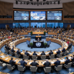 A wide documentary shot of a large UN climate negotiation hall filled with international delegates seated at desks with country nameplates under bright overhead lights.