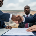A close-up photo of two men in suits shaking hands over a signed contract at a white table, with a large, blurry open-pit mine in the background.