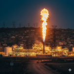 A realistic dusk photo of an African gas facility featuring a large, bright orange gas flare in the foreground, with a small residential neighborhood and tall electricity pylons under a deep purple and blue evening sky.