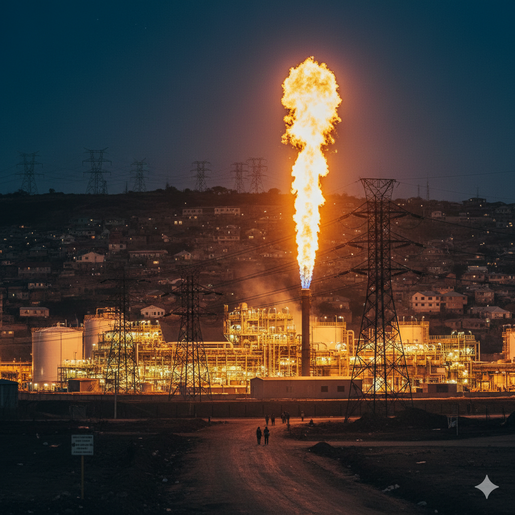 A realistic dusk photo of an African gas facility featuring a large, bright orange gas flare in the foreground, with a small residential neighborhood and tall electricity pylons under a deep purple and blue evening sky.