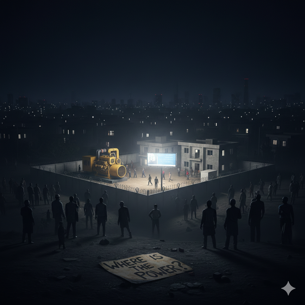 A nighttime photo of a dark city neighborhood experiencing a blackout, with one house brightly lit by a large yellow diesel generator, while a sign in the dark foreground asks "Where is the power?"