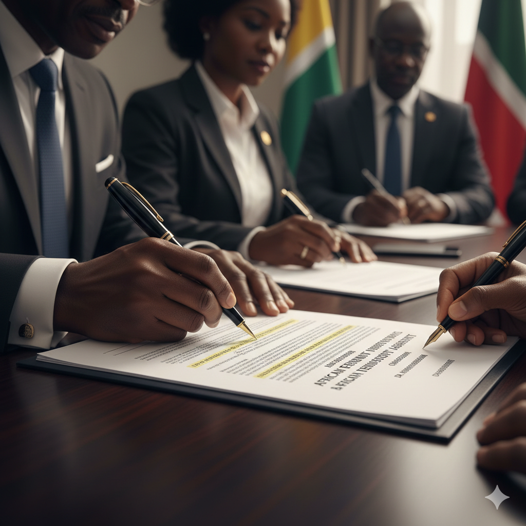 A close-up shot of hands belonging to African officials in suits signing a formal document on a dark wood table, with other officials and national flags blurred in the background.