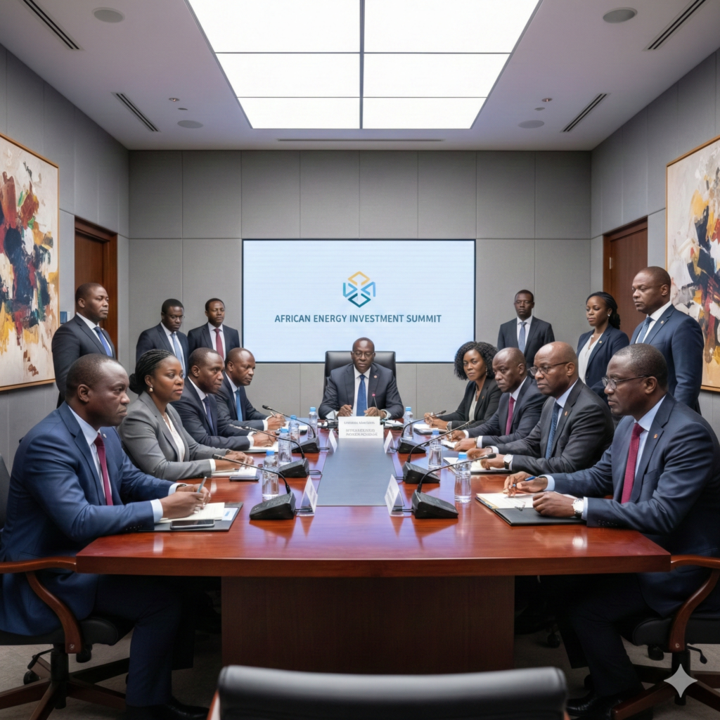 A documentary-style photo of a group of African men and women in professional suits seated around a large conference table in a formal, serious meeting.